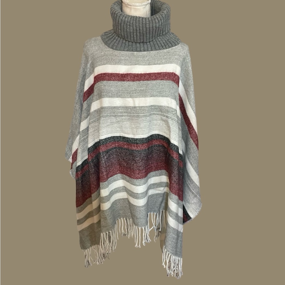 Vince Camuto striped turtleneck fringe poncho knit gray One Size OSFM gray red - Picture 13 of 14